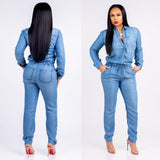 Gwmlk Women Drawstring Lace Up Denim Jumpsuit Fashion Autumn Dark Blue Lapel Sleeve Button Romper Female Pencil Pants Jeans Jacket