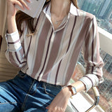 Gwmlk Woman Blouses 2023 Striped Shirts Long Sleeve Womens Tops Button Up Shirt Polo Neck Female Clothing Basic OL Ladies Tops