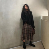 Gwmlk Vintage Brown Plaid Skirts for Women Autumn 2023 High Wiast A-Line Long Skirt Female Y2K Streetwear Casual Midi Skirts