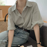 Gwmlk Vintage Turn-Down Collar Shirts Women 2023 Summer Striped Casual Baggy Blouse Woman Korean All-Match Soft Simple Shirt