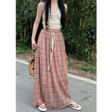 Gwmlk Vintage Y2K Plaid Skirts Women Harajuku Streetwear Drawstring Long Skirt Woman Summer Elastic High Waist A-Line Skirts