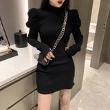 Gwmlk Women's Turtleneck Knitted Dress Fashion Slim Fit Puff Long Sleeve Mini Dresses Female Korean Elegant Bodycon Hip Dress