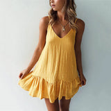 Gwmlk Boho Solid Cotton Linen Beach Dress Woman 2023 Summer Spaghetti Strap Dress Women Sexy V-neck Off Shoulder Mini Dresses