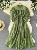 gwmlk Women Lace Dress Spring Autumn Stand Collar Puff Sleeve High Waist Party Robe Female Elegant Green/Purple Midi Vestidos