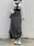 gwmlk Grey Pockets Midi Skirts Grunge y2k Ruched Drawstring Split Long Skirts Women Low Waisted Korean Prepply Skirts Retro