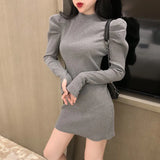 Gwmlk Women's Turtleneck Knitted Dress Fashion Slim Fit Puff Long Sleeve Mini Dresses Female Korean Elegant Bodycon Hip Dress