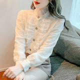 Gwmlk Korean Fashion Lace Chiffon Blouse Women Elegant Ruffles Patchwork Ladies Shirts White Stand Collar Long Sleeve Tops 18874