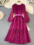 gwmlk Autumn Vintage Women Hollow Out Lace Long Dress Female Elegant Round Neck Puff Sleeve High Waist A-Line Party Maxi Robe