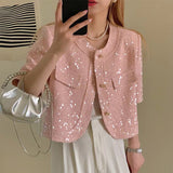 Gwmlk High Quality Korean Tweed Paillette Short Sleeve Jacket Coat Women Korean Fashion Sequin Short Outerwear Top