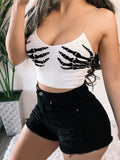 gwmlk Skeleton Hand Print Bodycon Crop Tops Women Sexy V-neck Spandex Spaghetti Strap Sleeveless Harajuku Clubwear Camisole