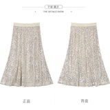 Gwmlk Summer Silver Sequined Mermaid Midi Skirt Bling Bling Shiny Sequins Calf Long Skirts