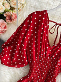 gwmlk Sexy Polka Dot Romper Women Elegant V-Neck Puff Short Sleeve High Waist Jumpsuit Female Loose Wide Leg Playsuits Fashion