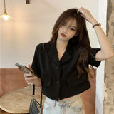 Gwmlk Korean Fashion Cropped Blazer Woman 2023 Summer Short Sleeve Single Breasted Coats Female Turn Down Collar Thin Jacket