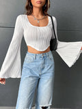 Gwmlk Long Sleeve Textured T-shirts For Women Crop Tops Scoop Neck Hanky Hem Solid Color Slim Tees y2k Clothes