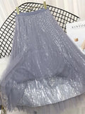 gwmlk Summer Skirts Women Korea Long Tulle Skirt Sequined Pleated A Line Midi Skirt Chic High Waist Skirt Female