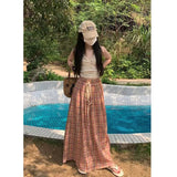 Gwmlk Vintage Y2K Plaid Skirts Women Harajuku Streetwear Drawstring Long Skirt Woman Summer Elastic High Waist A-Line Skirts