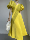 Gwmlk Casual Summer V Bodycon Yellow Lantern Short Sleeve Dress Women Elegant Vintage Party Dress