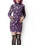 Gwmlk Goth Aesthetic Elegant High Necked Long Sleeved Bat Skull Print Dress Sexy Slim Mini Dress Fairy Grunge Halloween