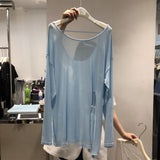 Gwmlk T-shirt Loose Large Size Is Thin Round Neck Open Back Thin Section Slightly Transparent Slit Long-sleeved T-shirt