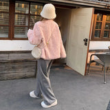 Gwmlk Pink Faux Fur Jacket Women Fashion with Pocket Long Sleeves Lamb Wool Warm Coat Ladies Korean High Street Short Outwear