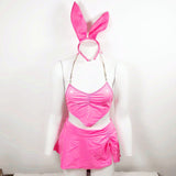 Gwmlk Latex Lingerie Neon Pink Underwear Women 3-Piece Bunny Sexy PVC Outfit Sexy Nightclub Leather Erotic Costumes