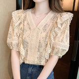 Gwmlk Floral Print Summer Ruffled Blouse Women V-neck Korean Fashion Lace Shirt Loose Casual Short Sleeve Tops Blusas 26992