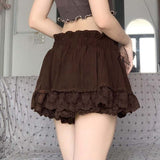 gwmlk y2k Brown Lace Pleated Skirts Women Low Waisted Fairycore Cute Mini Skirts Women Bow Sweet Harajuku Outfits Chic New