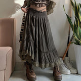 gwmlk y2k Fairycore Pleated Skirts Ruffles Shirring Lace Cute Midi Skirts Women Holiday Prepply Chic Skirts Korean Harajuku