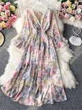 gwmlk Autumn Women Floral Long Dress Vintage V-Neck Flare Sleeve Backless High Waist A-Line Big Swing Maxi Vestidos New Fashion