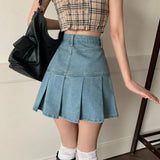 Gwmlk Vintage High Waist Denim Skirts Women Fashion Patchwork A-Line Pleated Skirts Woman Casual Wild Hip Wrap Jean Skirt