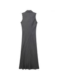 Gwmlk TRAF Women Linen Dress 2023 Summer Solid Ladies Long Midi Dress Vintage Lapel Sleeveless Button Up Streetwear