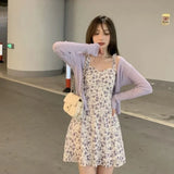 Gwmlk Summer Purple Two-piece Sets Dress for Women Floral Slip Mini Dress+Sunscreen Shawl Cardigan Woman 2023 New Sundress