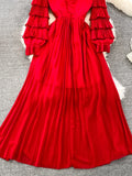 gwmlk Vintage Women Pleated Party Long Dress Elegant Round Neck Lantern Sleeve High Waist Ruffle Draped Maxi Vestidos Female