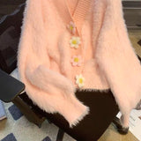 Gwmlk Korean Faux Mink Fur Cardigan Women Sweet Pink Flower Buttons V-Neck Sweaters Female Winter Warm Plush Cardigans Tops