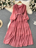 gwmlk Women Draped Long Dress Vintage V-Neck Lantern Sleeve High Waist A-Line Pleated Maxi Vestidos Purple/Red/Blue Robe New