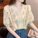 Gwmlk Floral Print Summer Ruffled Blouse Women V-neck Korean Fashion Lace Shirt Loose Casual Short Sleeve Tops Blusas 26992