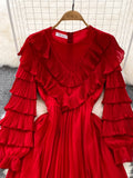 gwmlk Vintage Women Pleated Party Long Dress Elegant Round Neck Lantern Sleeve High Waist Ruffle Draped Maxi Vestidos Female