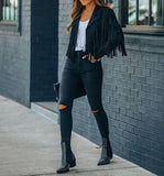 Gwmlk Women Y2k Fringed Hem Tassel Cardigan Crop Tops E-girl Motor Biker Jacket Suede Leather Jacket 90s Vintage Streetwear Coat Cool