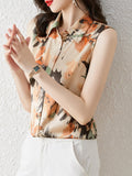 Gwmlk Satin Women's Silk Blouse Shirt Sleeveless Women Shirts Blouses Polo-Neck Chiffon Print Laides Tops Summer Vintage Clothing