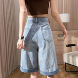 Gwmlk 2023 Summer Thin Denim Shorts Women Korean Fashion High Waist Loose Shorts Female Streetwear Light Blue Knee Pants New