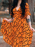 Gwmlk Orange Deep V-neck Fairy Grunge Dress Women Mall Gothic Aesthetics Elegant Bat Pattern Split Sexy Dress