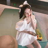 Gwmlk Summer Two Piece Set Women Puff Sleeve Sweet White Shirt Tops shorts Shirts Suit Femme Sets