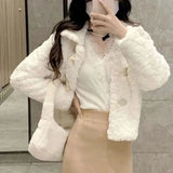 Gwmlk Winter Thickened Lamb Wool Jackets for Women Casual Long Sleeve Buttons Lapel Outwear Female Loose Warm Faux Fur Coats