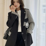 Gwmlk Fashion Plaid Contrast Blazer Coat Women Korean Loose Single-Breasted Suit Jacket Stitching Pocket Notched Collar Outerwear