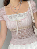 Gwmlk Sweet Square Collar Lace Blouse Short Sleeve Pink Trim Crop Top Bow Cute Y2k Lace Women Summer Tee Tshirts Blusas 22475