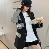 Gwmlk Fashion Plaid Contrast Blazer Coat Women Korean Loose Single-Breasted Suit Jacket Stitching Pocket Notched Collar Outerwear