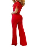 Gwmlk Women Slim Wide Leg Pants Overall Elegant Stitch Lace Solid Jumpsuit One Piece 2023 Commute Short Sleeve Lace-up Summer Romper