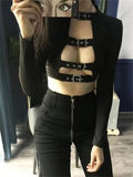 Gwmlk Goth Sexy Hollow Out Crop Top Long Sleeve Aesthetic Tees Y2K Punk Grunge Black T Shirts Women Streetwear Top