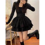 Gwmlk Black Knitted Women's Dress Party Bodycon Tunic Fluffy Korean Fashion Harajuku Long Sleeve Mini Dresses Summer Aesthetic