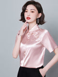 Gwmlk Women Shirt Embroidered Womens Tops Satin Short Sleeve Blouse 2023 Summer Fashion Female Clothing Casual Shirts for Women